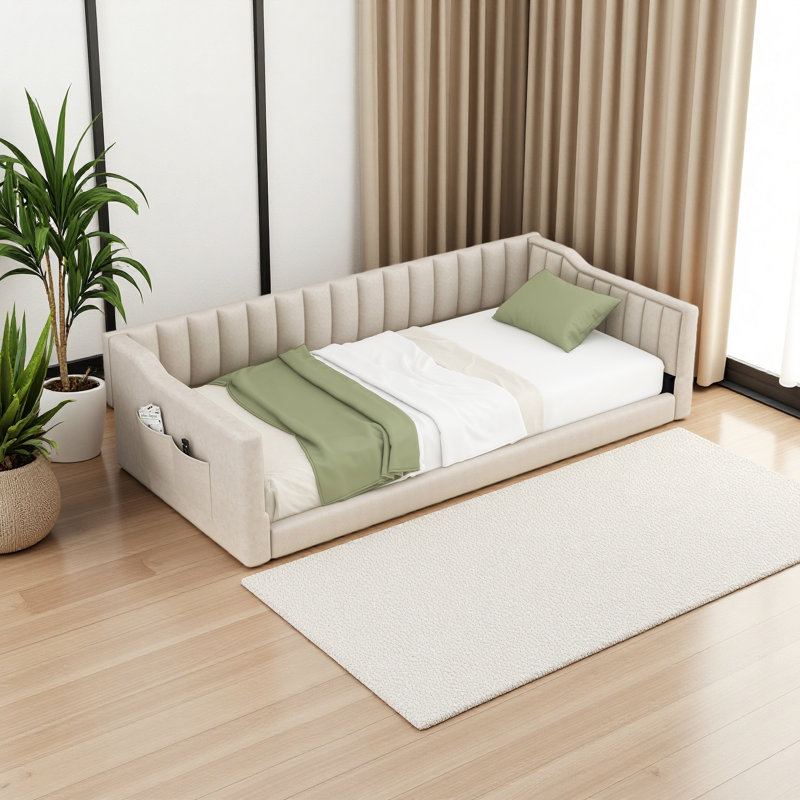 Lit de jour rembourré et poche de rangement latérale, Beige, Très grand simple