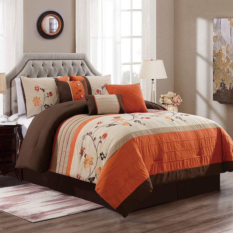 Serene 7-Piece Luxury Floral Embroidery Comforter Set, Queen Comforter + 6 Additional Pieces, Orange/Brown/Taupe