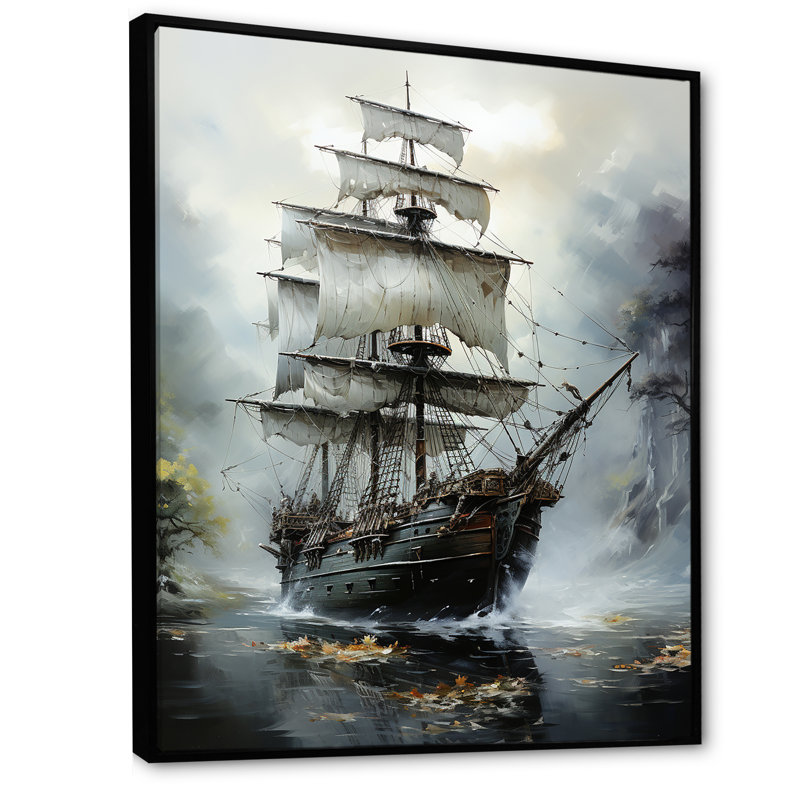 " Stormy Seas Corsairs Pirate Ghost Ship I ", Black Floater Framed, 44" H x 34" W x 1.5" D
