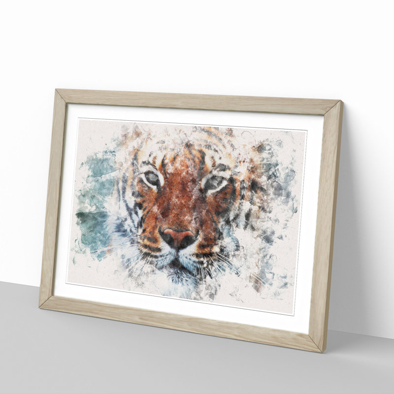 Tiger in the Blue Watercolour 1 Piece Single Picture Frame Wall Art on MDF, 62cm H x 87cm W x 2cm D, Oak Framed