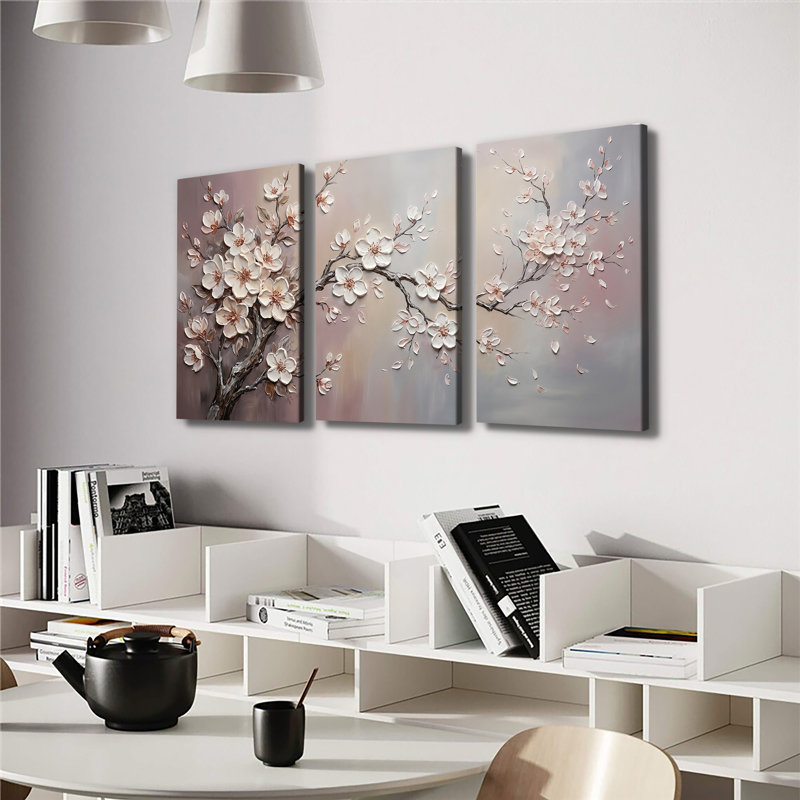 Peinture douce de branche de cerisier rose doux - Toile tendue avec châssis de qualité supérieure - prête à être accrochée (ensemble de 3)