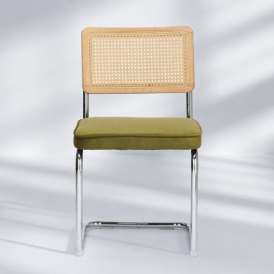 Mid Century Modern Dining Chairs Set of 2, Velvet Upholstered with Natural Cane Back and Stainless Chrome Base, Ideal for Elegant and Comfortable Seating