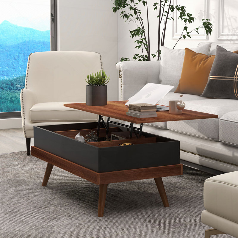 Table basse à plateau relevable avec compartiments cachés et pieds en bois