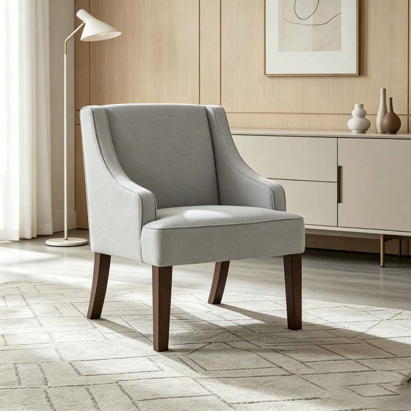 Chaise d'appoint moderne, fauteuil rembourré avec pieds en bois massif, Lin, Gris