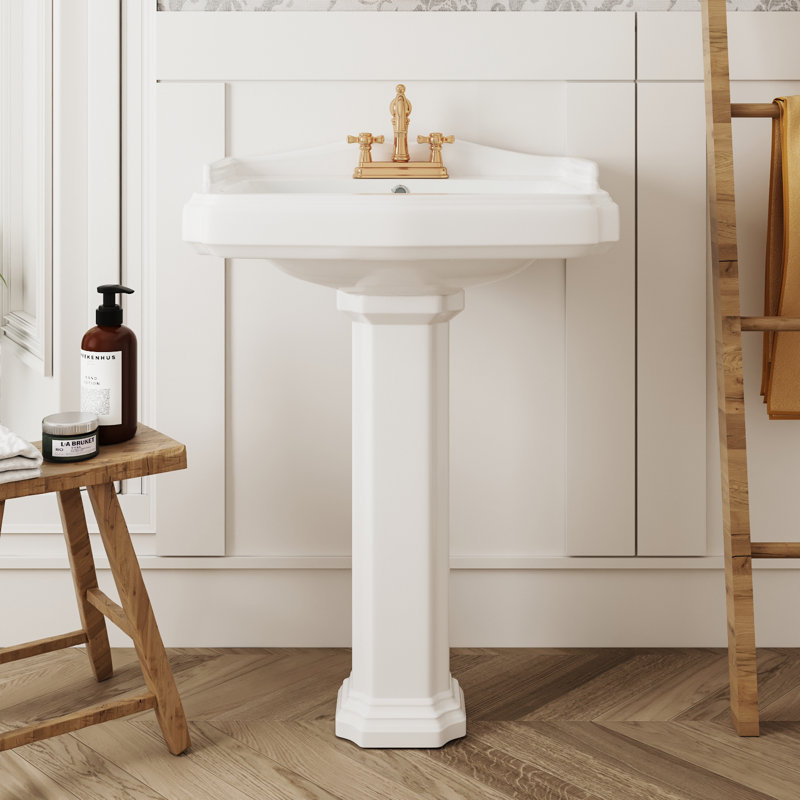 Dynasty 35.5" Tall Rectangular Vitreous China Pedestal Bathroom Sink with Overflow, White, Centerset Faucet