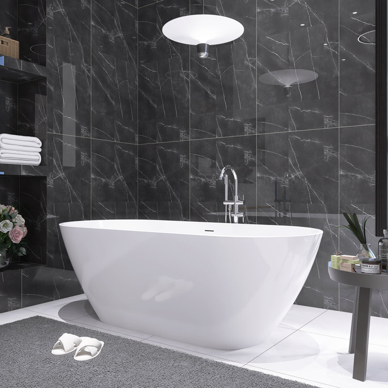 Baignoire autoportante en acrylique 60 po avec bonde escamotable centrale, trop-plein intégré