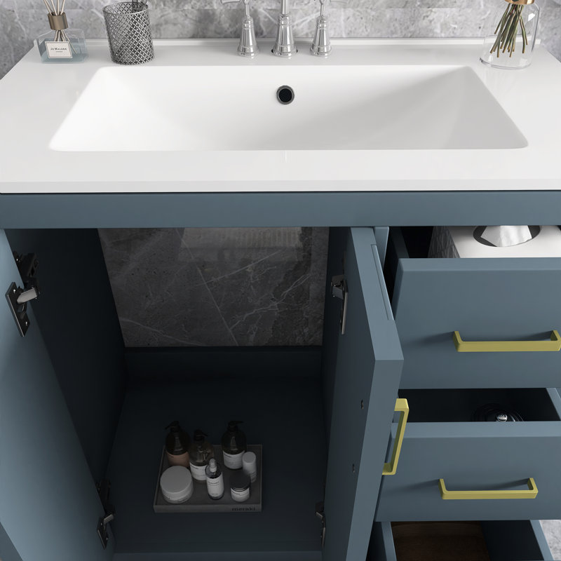 Ensemble de meuble-lavabo autoportant avec cadre en bois massif 30 po et plateau en céramique, Bleu