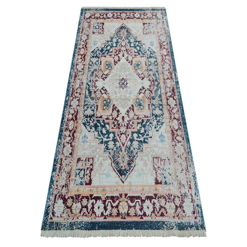Tapis de couloir en polyester fabriqués à la machine - Tapis de couloir, couleur rouge, conception orientale, tapis à poils courts pour le salon, la chambre à coucher