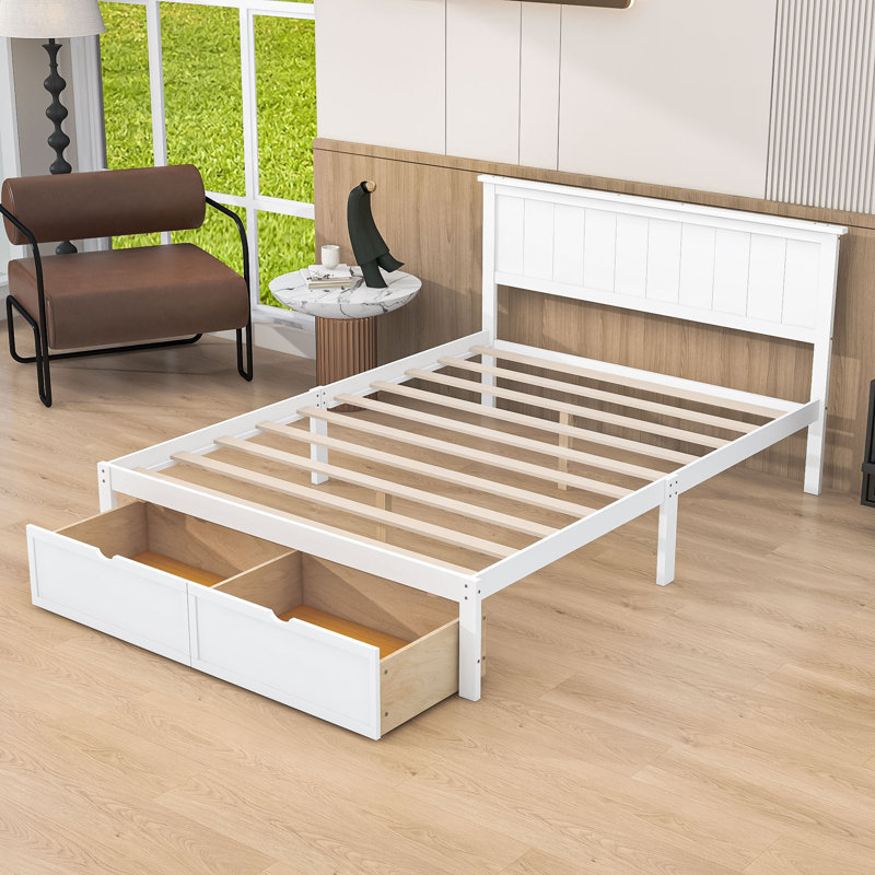 Lit plateforme double avec deux tiroirs de rangement, Blanc