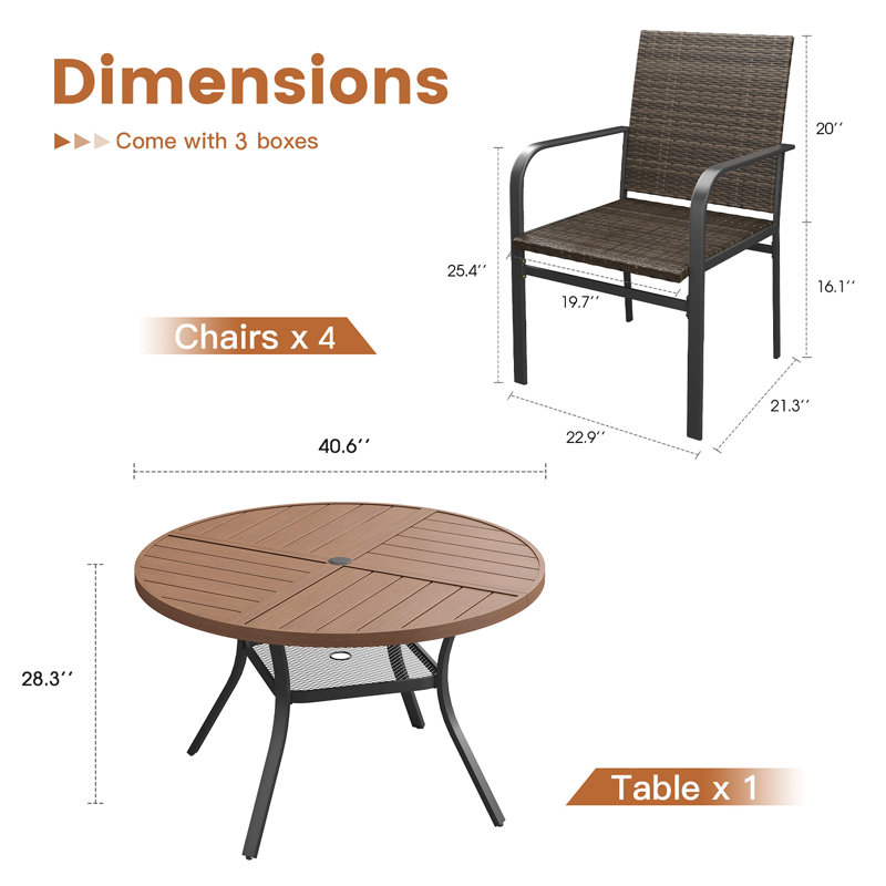 Ensemble repas pour 4 personnes avec table de salle à manger ronde en métal et 4 chaises en rotin, Brun / Noir