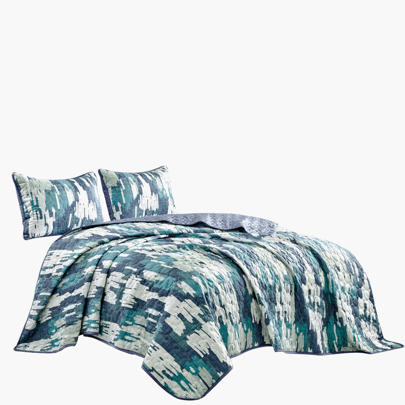 Ensemble de couvre-lit réversible 3 pièces bleu sarcelle et bleu marine, Couvre-lit de grande taille et 2 taies décorative