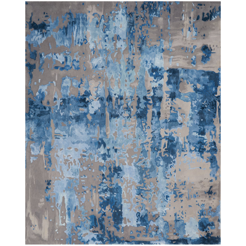 Tapis bleu abstrait moderne fait à la main Versailles, Rectangle 7 pi 9 po x 9 pi 9 po
