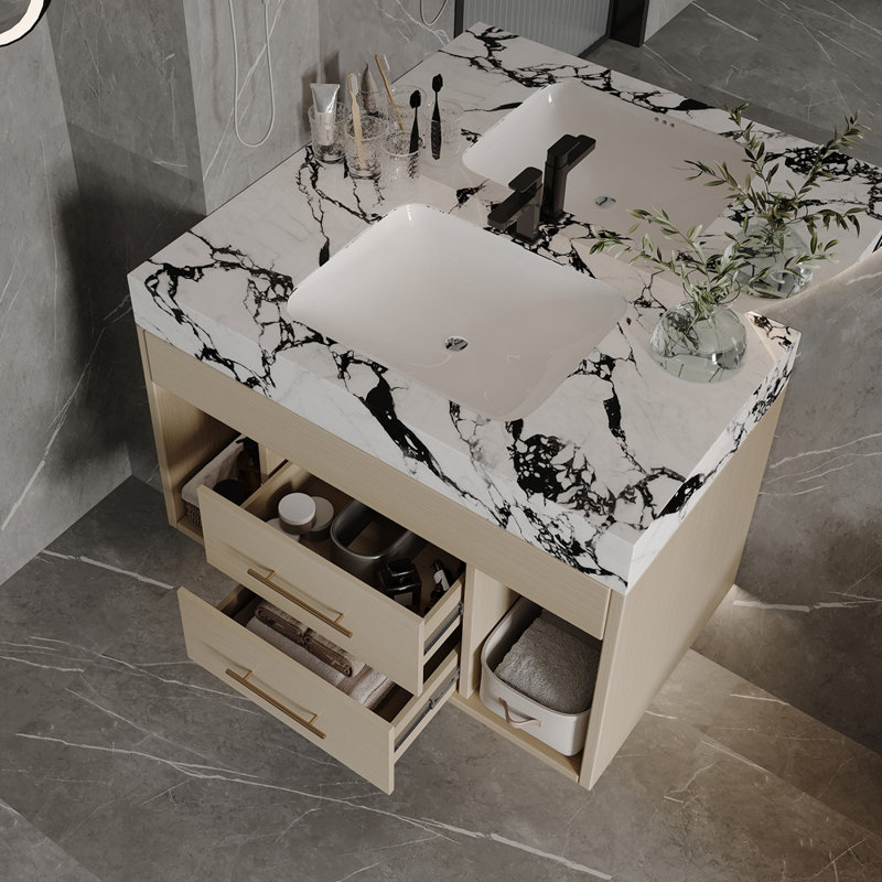 Ensemble de meuble-lavabo mural flottant 29,9 po, White+Black,Wood
