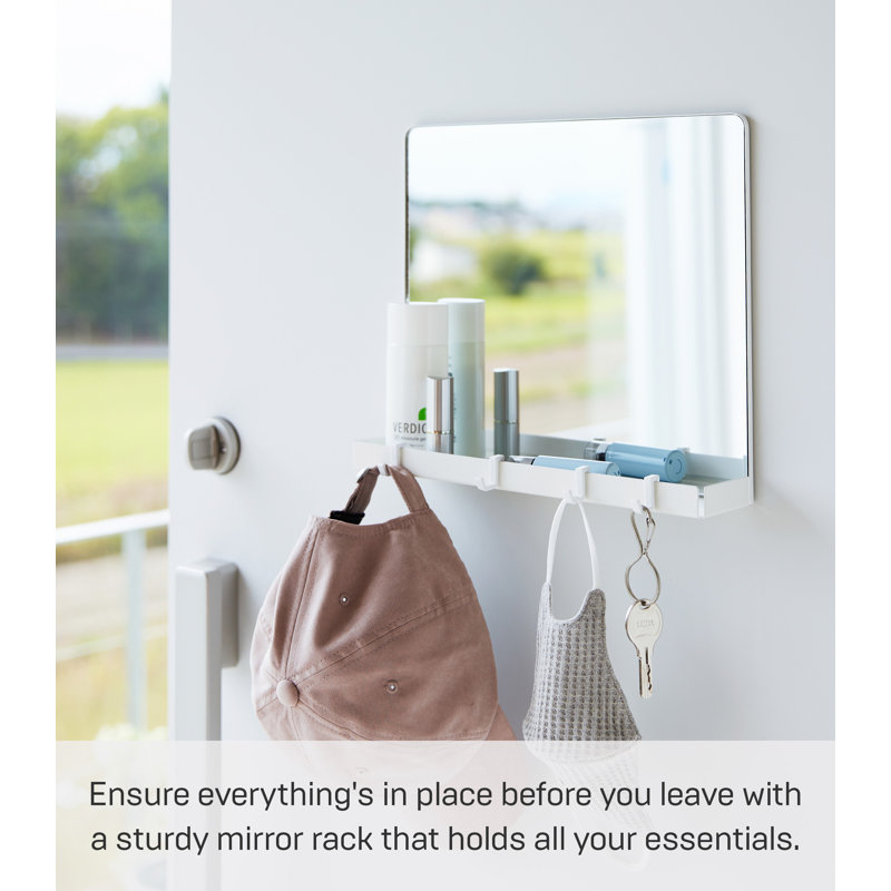 White Glass Magnetic Mirror with Storage Rack and Hooks