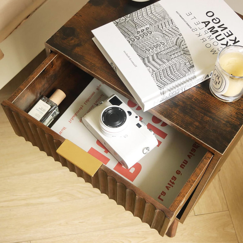 Table de chevet en bois avec tiroir et rangement, Brun rustique