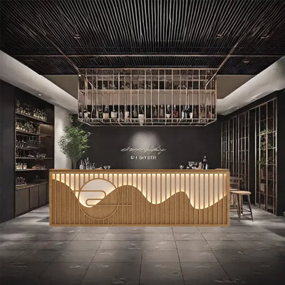 102.36-Inch Vintage Front Desk Bar Counter with Dual Countertop Design, Wine Storage and Lockable Drawers