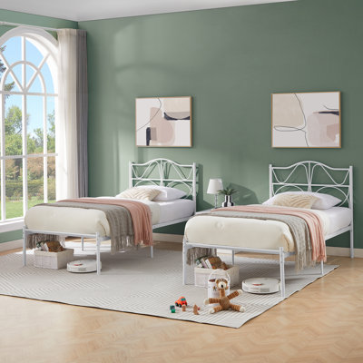 Chelby Set of 2 Twin Size Bed Frame Metal Platform Bed with Curved Design Headboard Strong Slats Support