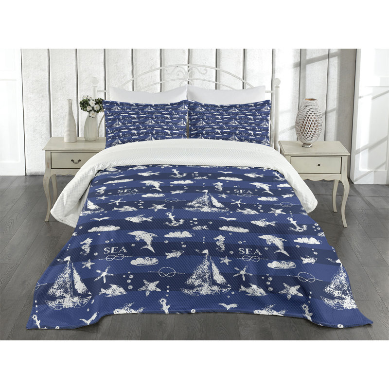 Ambesonne Navy Blue Bedspread Grunge Anchor, King Bedspread + 2 Standard Shams