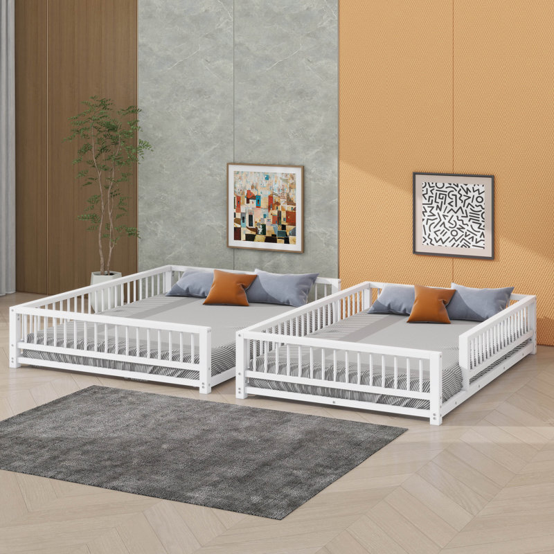 Full XL Over Queen  Floor Bunk Bed Frame Equipped With A Ladder And Safety Guardrails, White