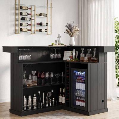 Armoire de bar en forme de L 66,9 po avec support à vin, porte-verres à pied, rangement ouvert à 2 niveaux et espace pour refroidisseur de boissons