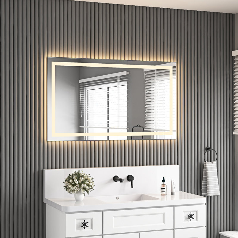Miroir de meuble-lavabo 48 po x 28 po avec 3 températures de couleur, fonction de brouillard, cadre en aluminium, mémoire, gradation continue, bois de frêne, parfait pour rehausser la salle de bain