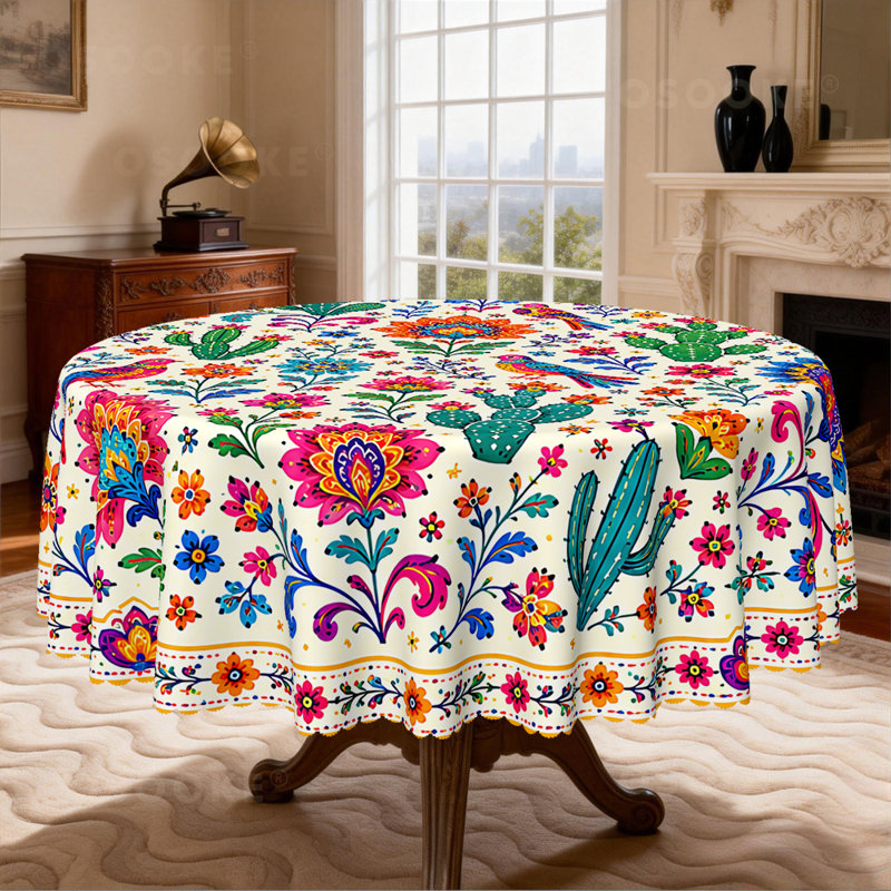 Nappe mexicaine à motif floral de cactus, décor coloré Boho Folk Art, imprimé de fleurs de Talavera et perroquet, housse de table de salle à manger Fiesta Party Kitchen