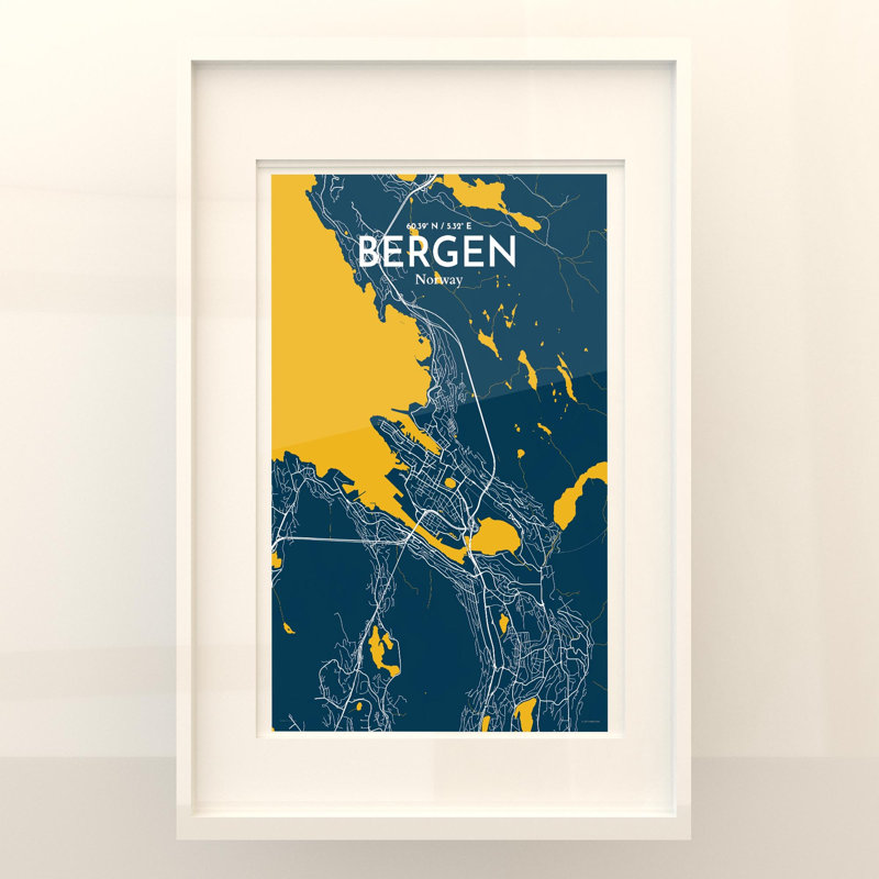 Bergen City Map, impression, H 17 po x l 11 po, Bleu / jaune
