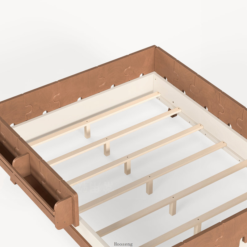 Lit Montessori au sol complet avec barrières de sécurité, étagères et structure en blocs de construction, beige et naturel foncé, sans sommier.