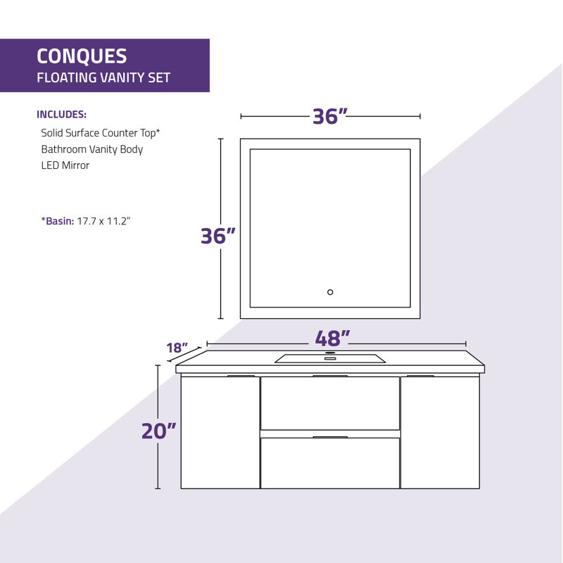 Conques 48 " W Freestanding Standard Free Standing Single Double Single Vanity Bathroom Vanity With Marble Top with Mirror