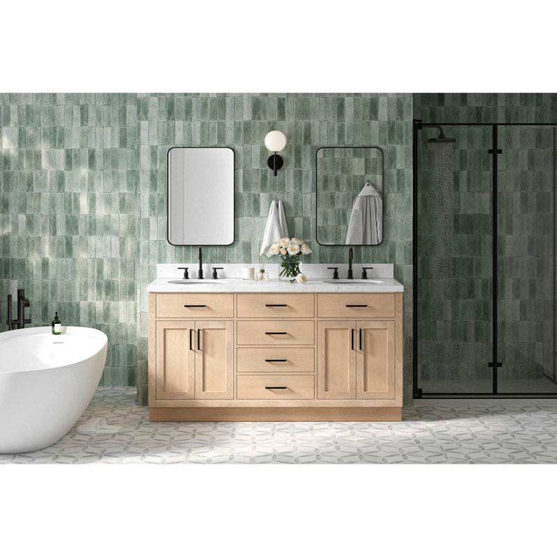Hepburn 66'' Double Bathroom Vanity Base Only, Matte Black, Natural Oak