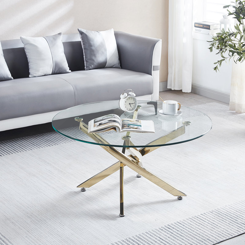 Table basse ronde moderne en verre trempé avec pieds chromés
