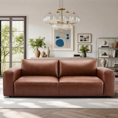 Benthe 95'' Modern Square Arm Leather Fatty Sofa Brown Down