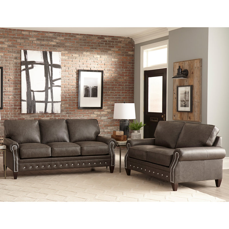 Jacey Genuine Leather Living Room Set, Distressed Grey
