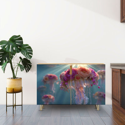 Buffet Buffet avec rangement Élégante méduse roses pêche flottant sous l'eau avec 2 portes pour le salon et la cuisine