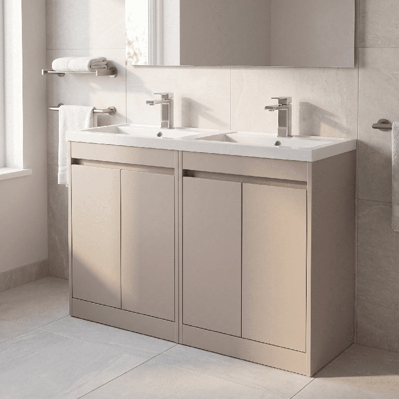 nuie Havana 1200mm Soft Linen 4 Door Floor Standing Vanity Unit With Polymarble Basin, Soft Linen