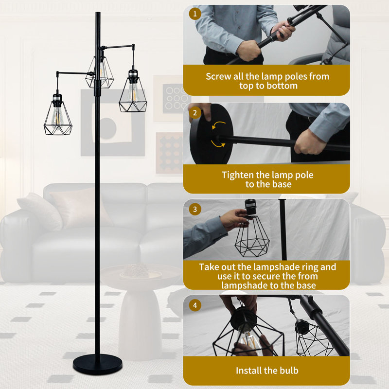 Lampe sur pied 69 po, arbre industriel avec 3 têtes de cage suspendues