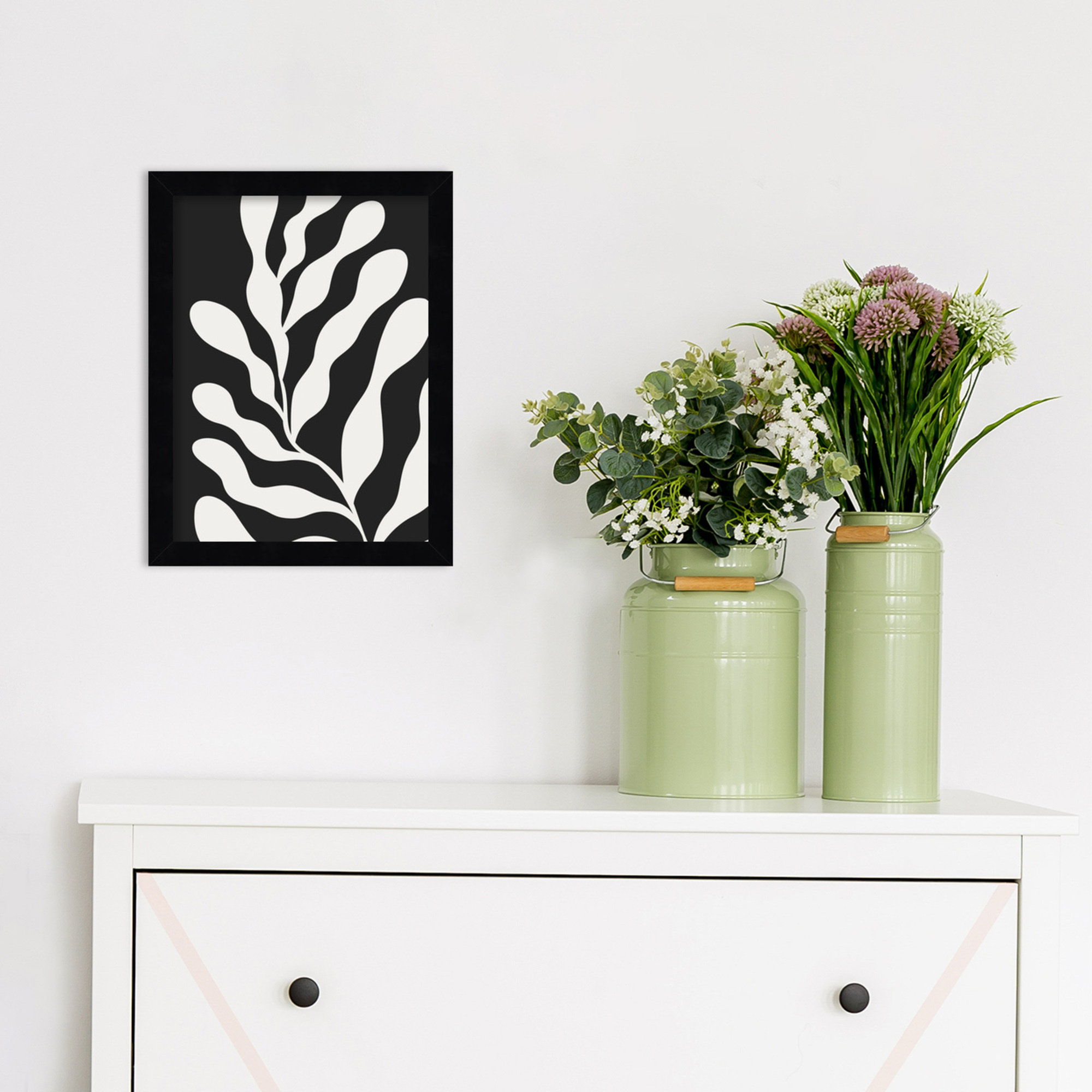 Retro Matisse Inspired Abstract Botanical 3 Black, 13" H x 10" W x 1" D, Black