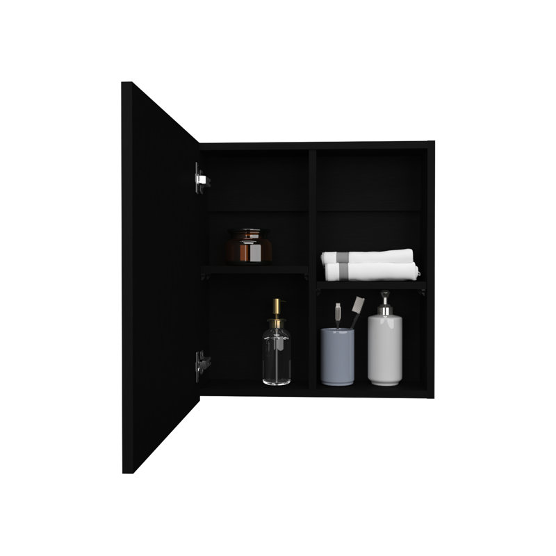 Armoire à pharmacie à miroir H 21,1 po x l 19,7 po pour salle de bain et cuisine, porte-serviettes de cuisine à 4 tablettes avec branchement noir
