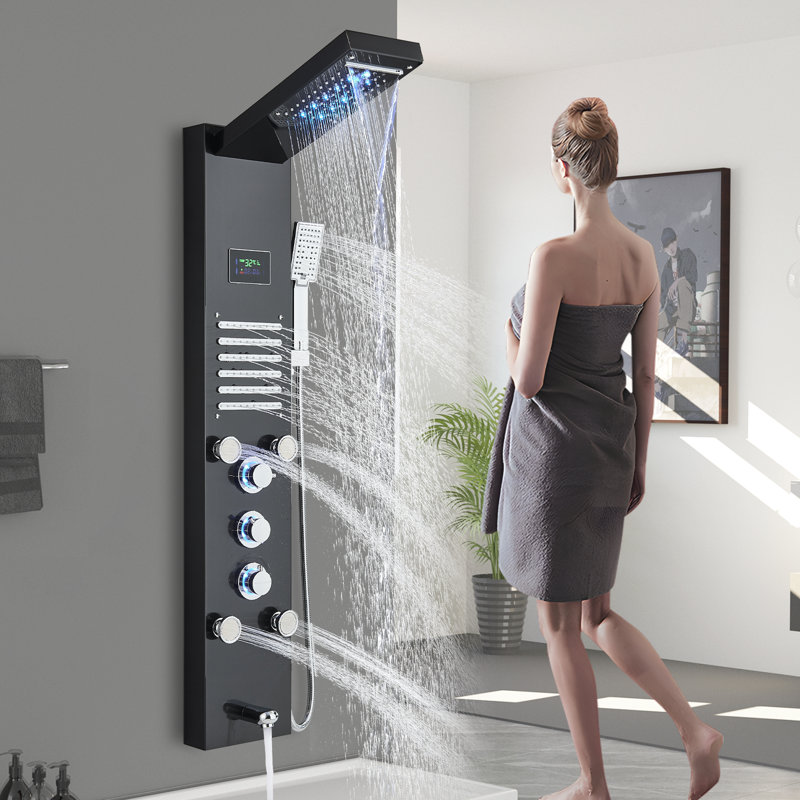 LED Shower Panel Tower Rain&Waterfall Massage Body Jets System Stainless Steel, Matte Black