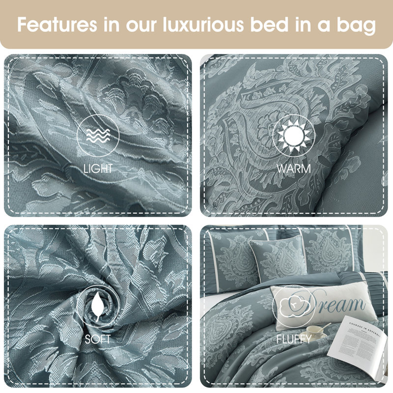Therese Microfiber Jacquard 15 Piece Comforter Set, Blue, Queen