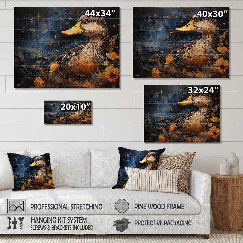 Canard bleu élégant Baroque II - animal canard sur bois, H 10 po x l 20 po