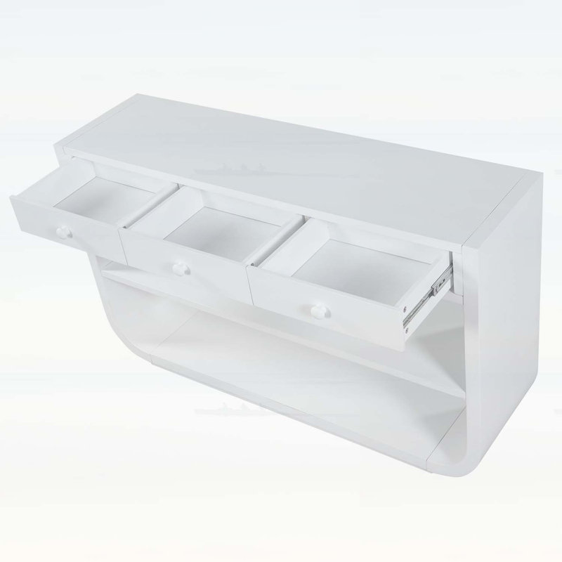 Console moderne avec 3 tiroirs à fermeture en douceur et 2 tablettes ouvertes, Blanc