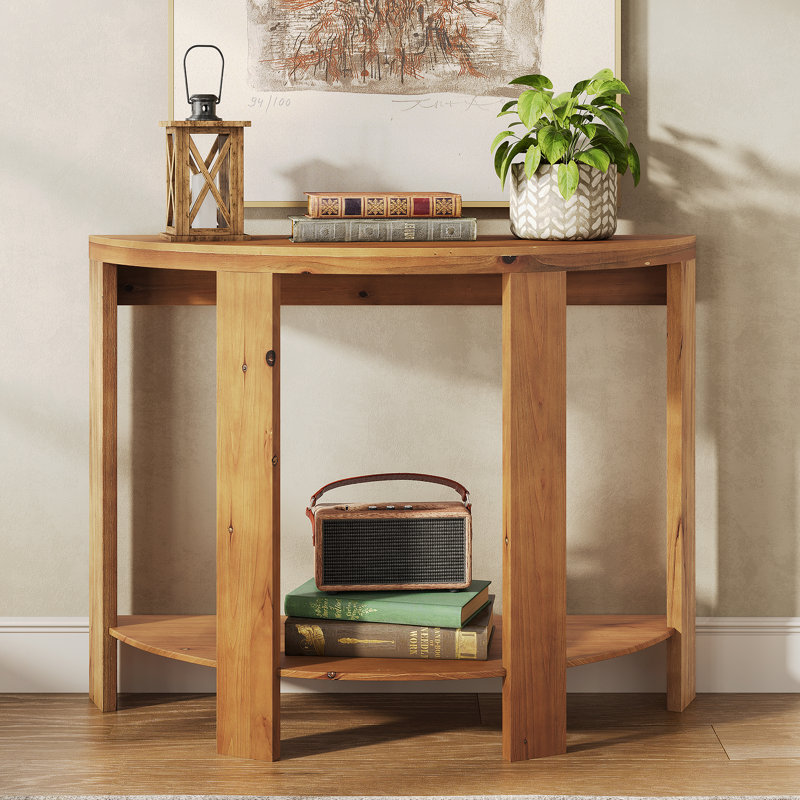 Console en bois massif, canapé demi-rond avec tablette inférieure