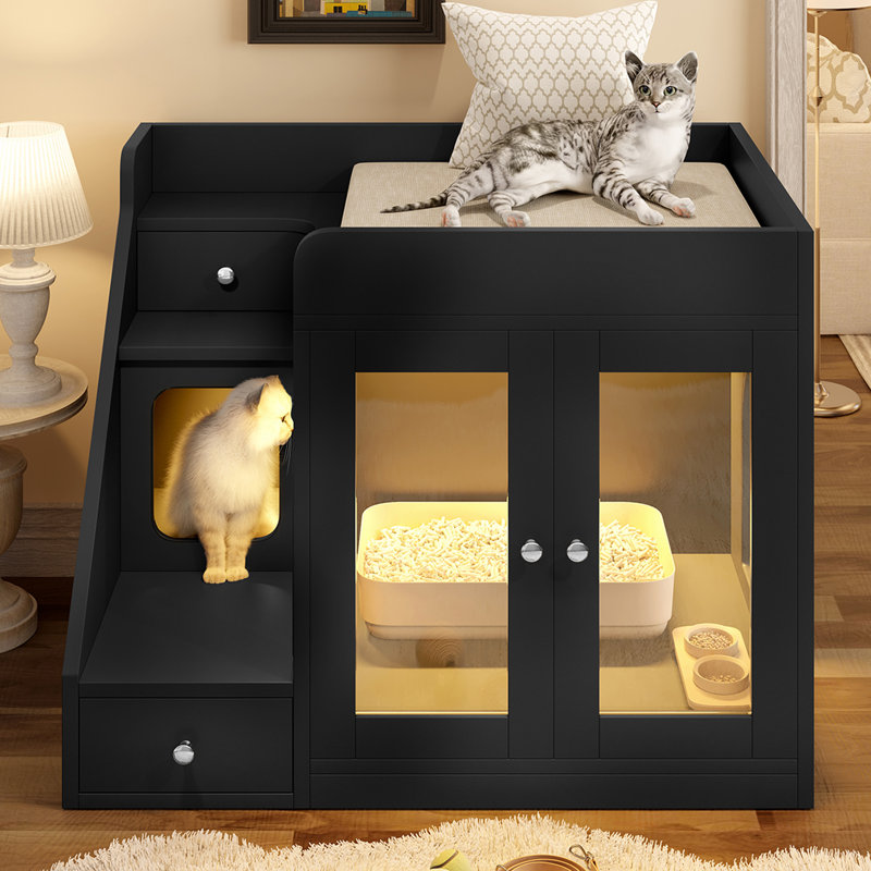 Enceinte de litière pour chat avec lumière, Noir