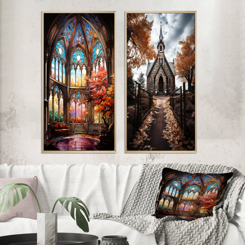 «Vitrail d'église», 2 pièces sur toile, Encadrement brun, H 32 po x l 32 po