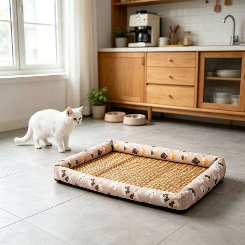 Lit d'été rafraîchissant pour animaux de compagnie, tapis respirant en rotin pour chien et chat avec bord surélevé doux imprimé