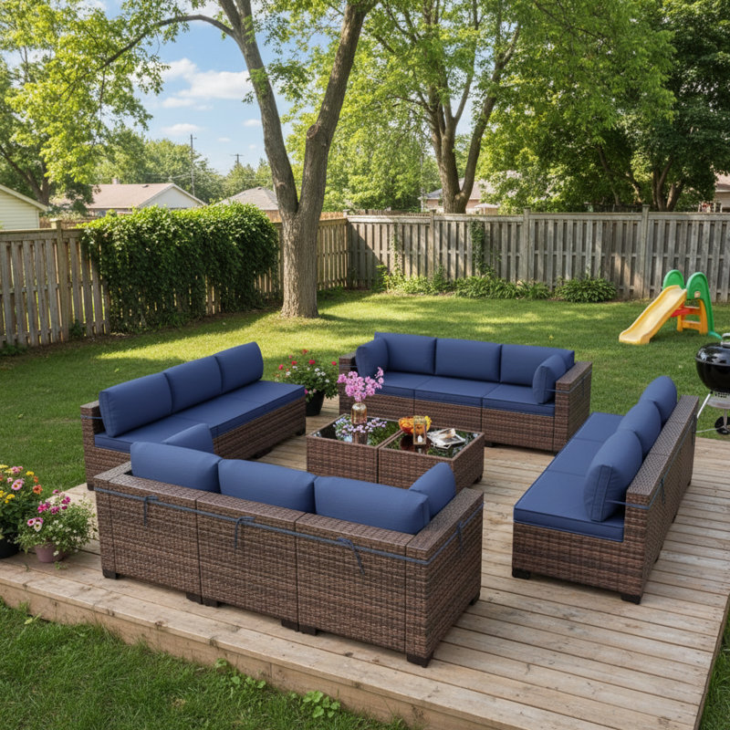 Demaio 14-Piece Rattan Sectional Seating Group With Cushions Modular Outdoor Furniture Set For Patio Garden And Poolside