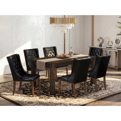 7 Piece Dining Room Furniture Set Consist of a Rectangle Rustic Wood Dining Table and 6 Black Faux Leather Upholstered Chairs, Jacobean