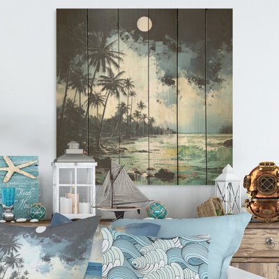 Tropical Palm Tree Scenery - Coastal Wood Wall Art On Natural Pine Wood