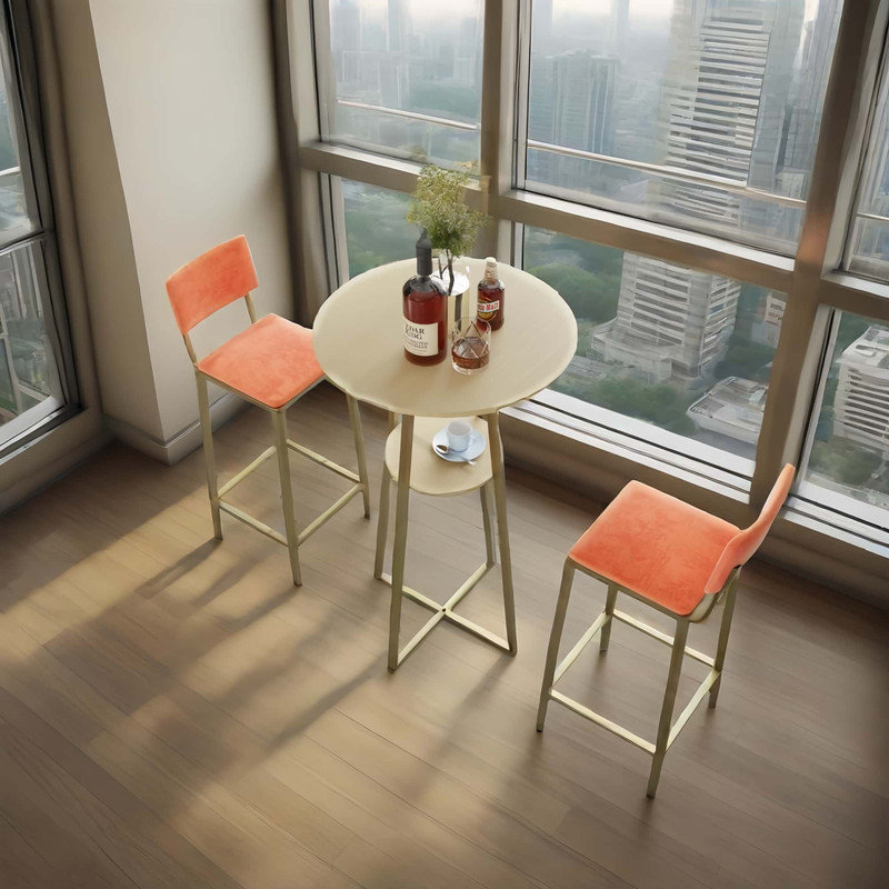 Bar table and chairs three piece set, gold frame, sponge made seat cushions and backrests, bar table with storage function (gold+cushion)